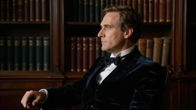 Elegant scholar in velvet waistcoat bathed in dramatic study light