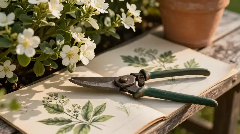 Weathered shears rest by a blooming shrub in warm golden light