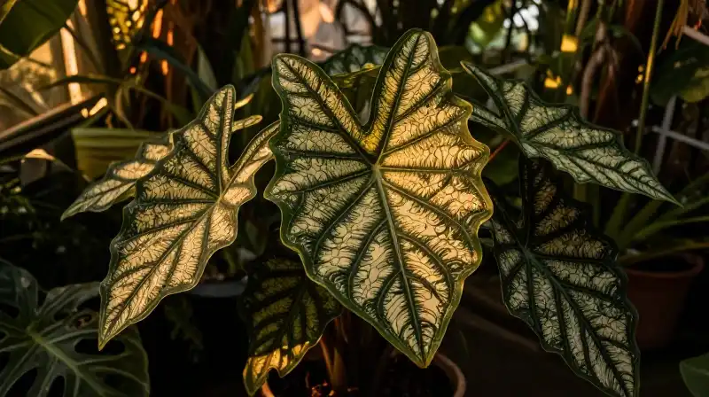 A batik Alocasia glows warmly inside a dense tropical greenhouse