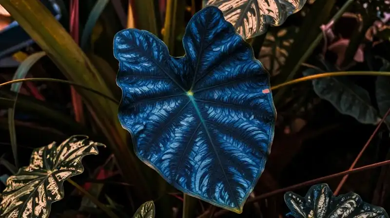 A dramatic indigo Alocasia leaf glows in a warm, dense tropical jungle