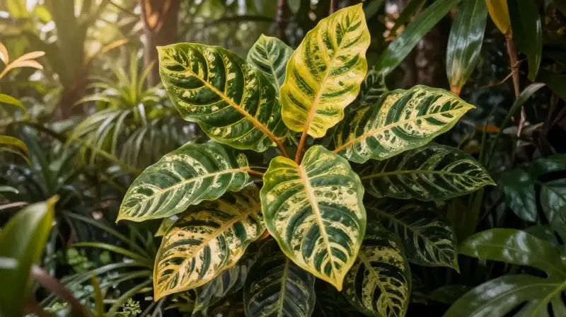 Vibrant batik leaves glow in a lush, tropical golden jungle