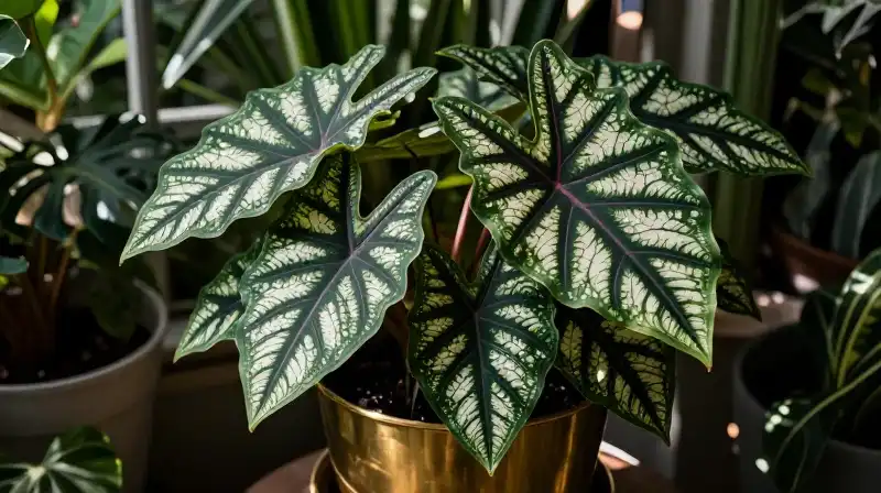 Vibrant Alocasia in a brass planter under sun-drenched shadows