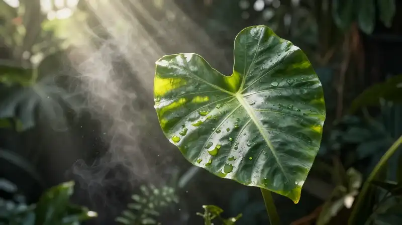 Glowing wet tropical leaves illuminated by hazy, volumetric sunbeams