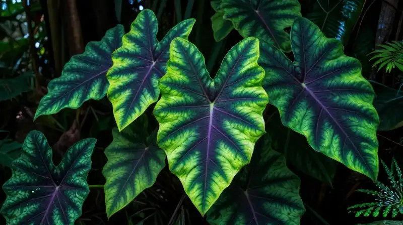 Toxic, neon green Alocasia leaves thrive in a humid, dark rainforest