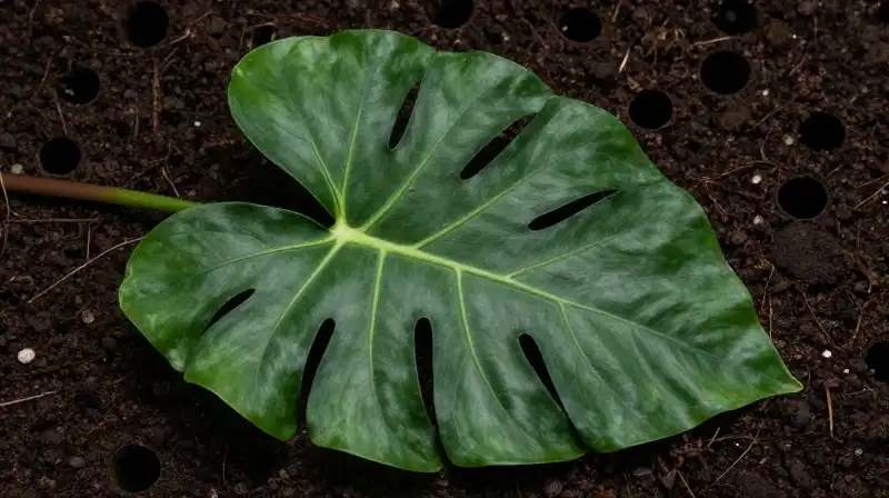 A massive, intensely detailed Alocasia leaf sits dramatically on dark, porous soil