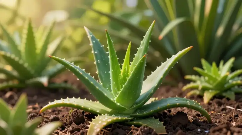 Vibrant aloe plant bathed in warm golden hour sunlight within a lush garden
