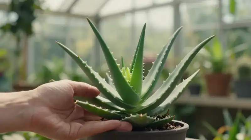 A hand gently nurtures an aloe plant in a sunlit greenhouse