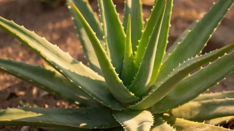 A rosette of plump, green succulent leaves in a sunlit desert