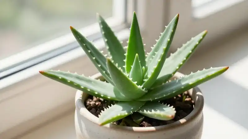 Velvety aloe plant rests on a sun-drenched ceramic windowsill