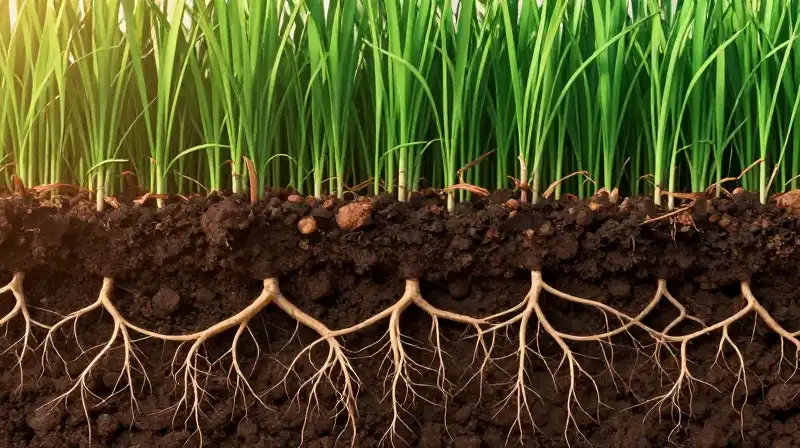 Golden light shines on intricate roots within rich dark soil