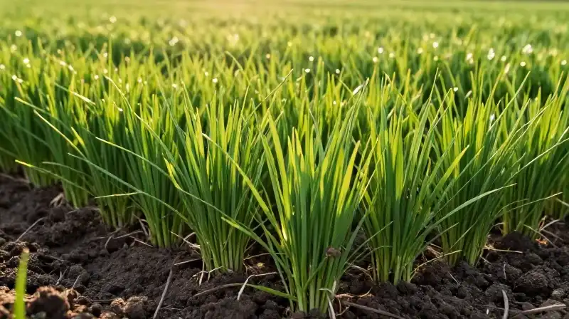 Vibrant green seedlings sprout from fertile dark soil in golden light