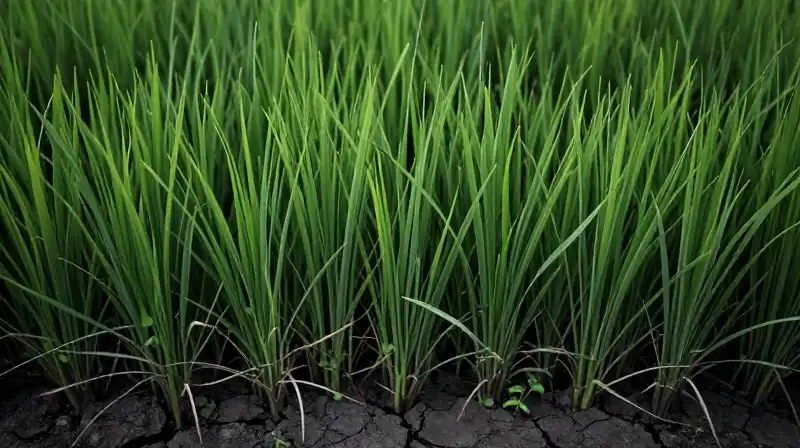 Vibrant grass carpets rugged, cracked dark earth closely