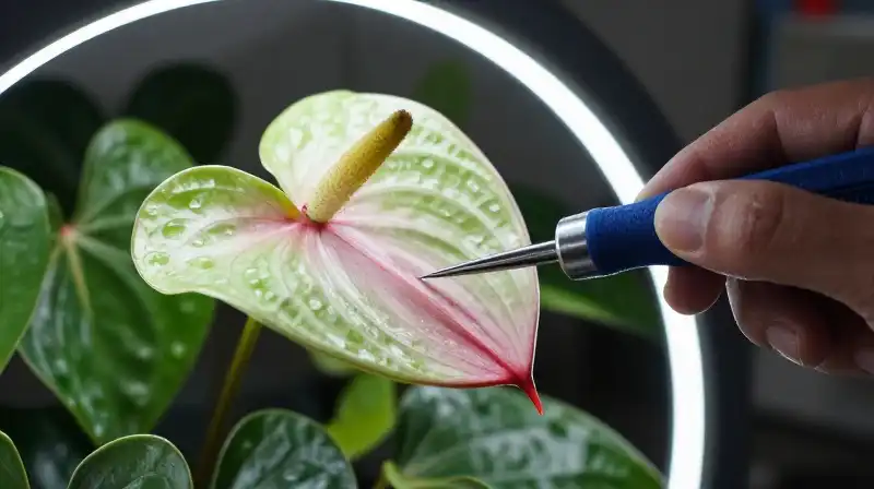 Technician delicately tending a vibrant plant in a futuristic lab