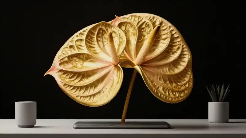 A golden, stylized anthurium glows dramatically on a minimalist investment desk