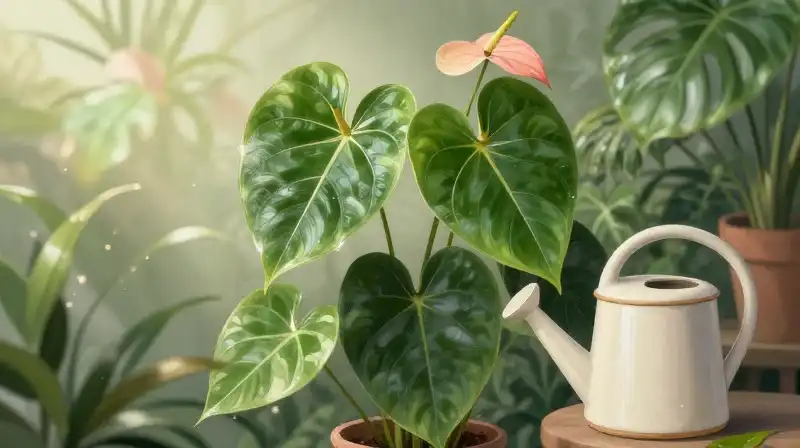 Elegant Anthurium Dorayaki sits in a lush, softly lit indoor garden