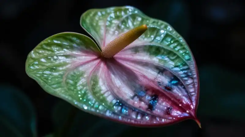 A glowing iridescent anthurium flower with a dark, shibori-patterned texture