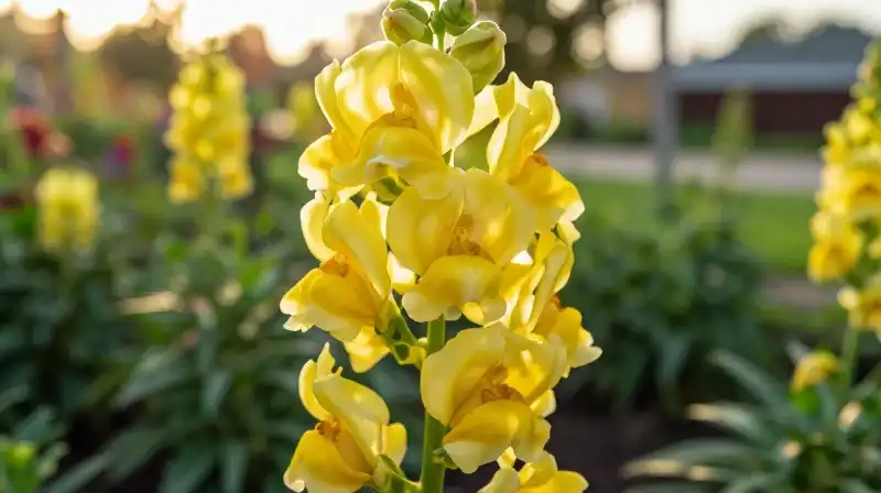 Vibrant yellow flower petals glow under warm golden garden sunlight