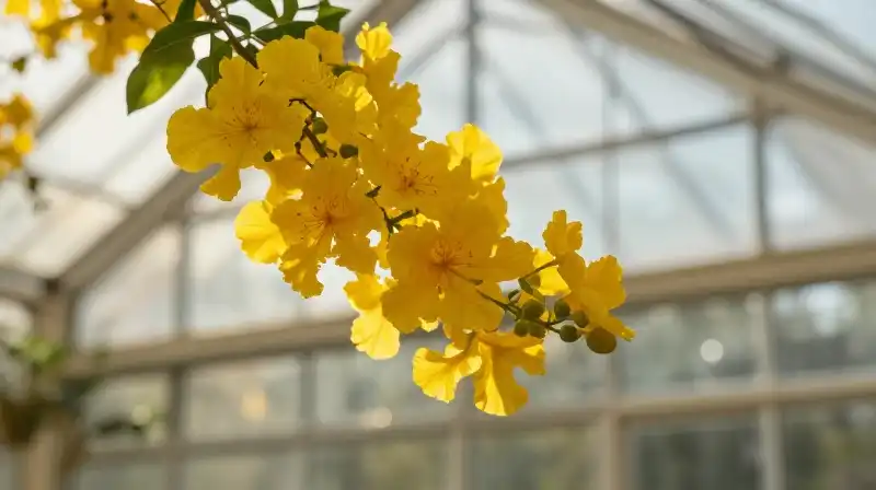 Vibrant yellow Anthuriums thrive in a golden, sunlit greenhouse