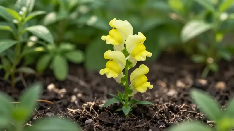 Vibrant yellow snapdragon emerging from moist, lush greenery