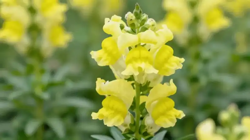 Bright yellow snapdragons blossom in a sun-drenched garden