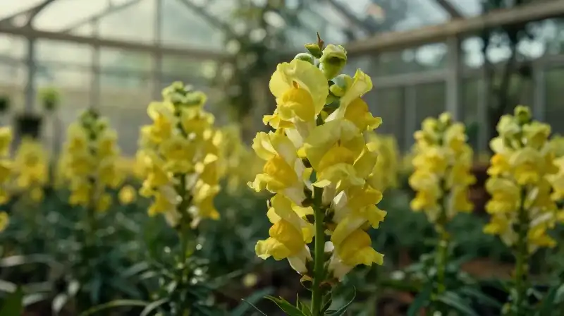 A bright yellow snapdragon glows in a humid greenhouse