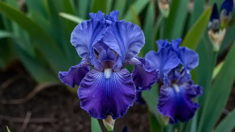 A vibrant blue and violet Apostle Iris blooms amidst dark, damp soil