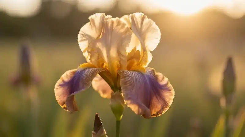 Radiant iris petals glow in soft, warm golden haze