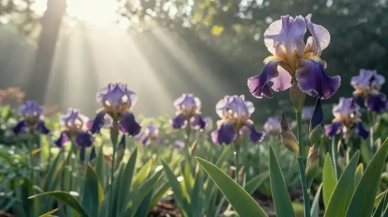 A majestic, blooming Iris stands in a sun-kissed, ethereal garden