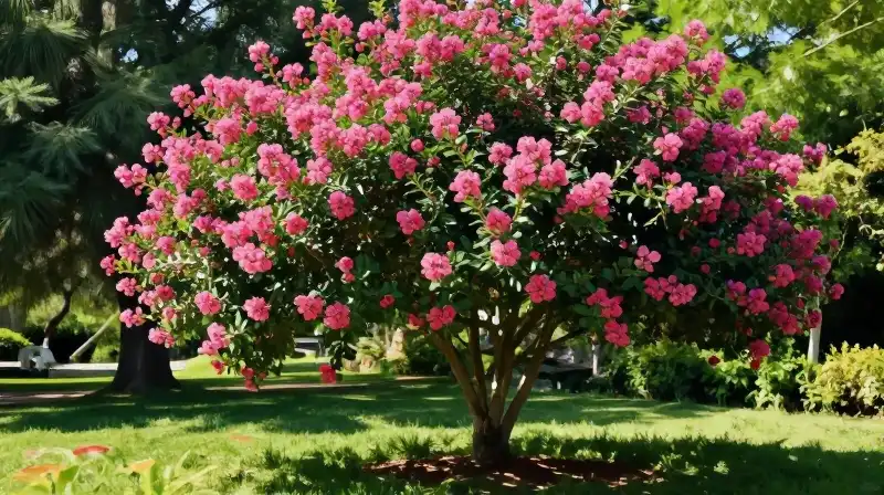 A blooming crape myrtle dominates a vibrant, sunlit garden landscape