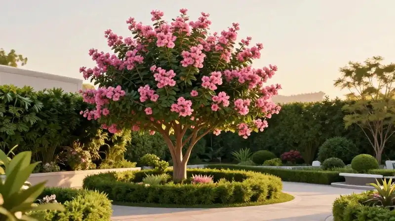 Golden sunlight illuminates a flowering crape myrtle in a lush garden