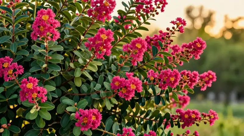 Lush magenta crape myrtle glows in warm golden hour light