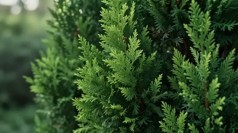 Vibrant green cedar leaves fill the frame in a soft, realistic close-up
