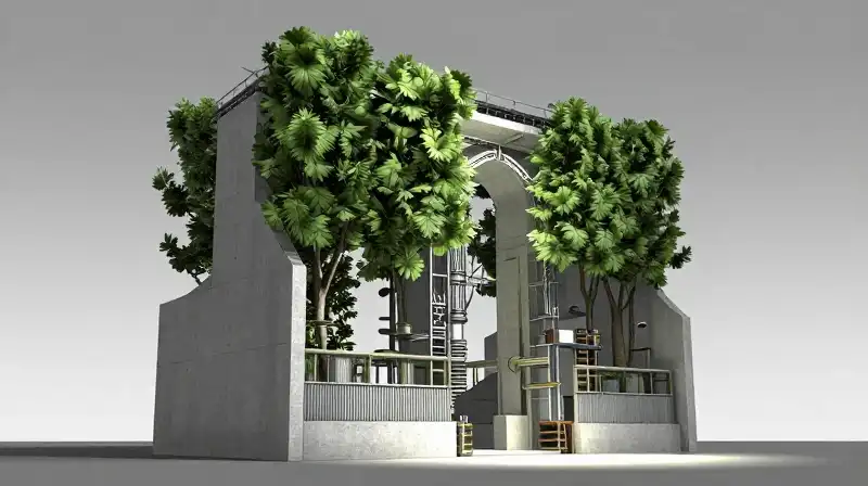 Towering green arborvita dominates a stark concrete enclosure under a spotlight