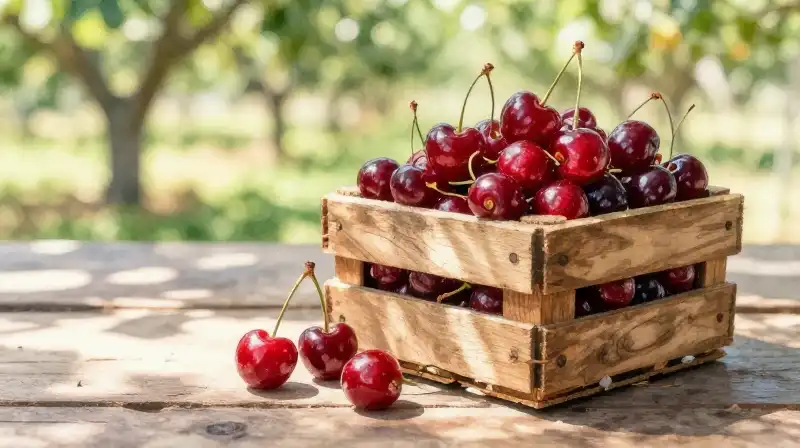 Bright red cherries spill from the rustic wooden crate