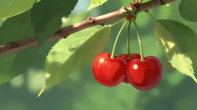 Vibrant red cherries hang on a lush green branch in dappled sunlight