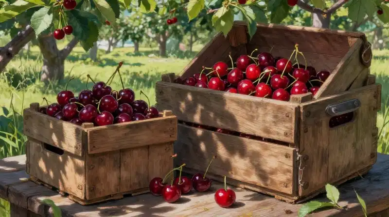 Ripe cherries spill from rustic antique wooden crates in the sunny orchard