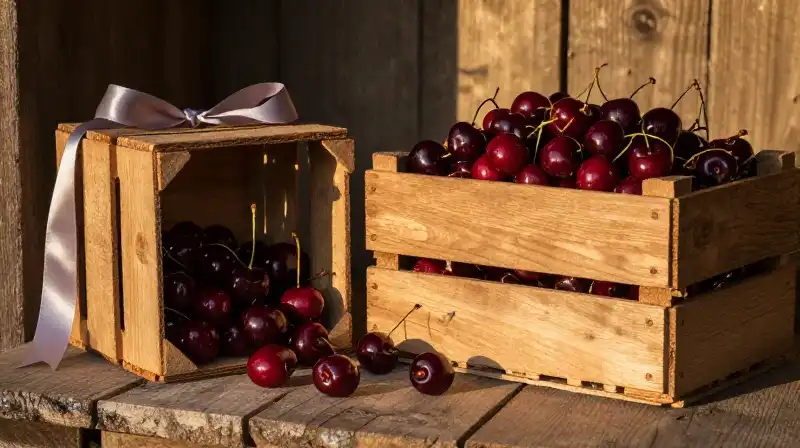 Red ripe cherries fill wooden crates on a rustic porch bathed in warm golden light