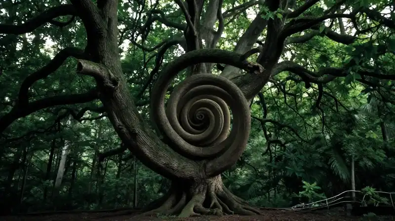 Colossal, spiraling maple dominates the dense, cinematic forest