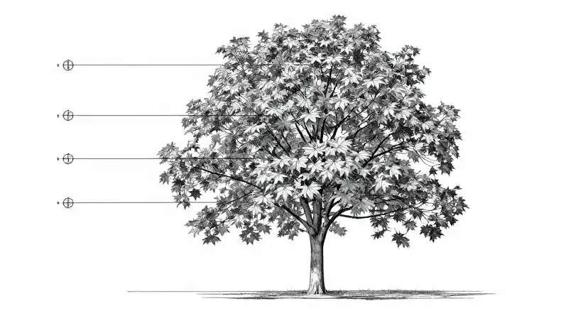 A detailed maple tree blueprint study in dramatic, high-contrast light