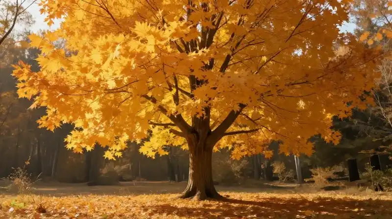 A vibrant amber maple tree shines in a serene golden hour forest