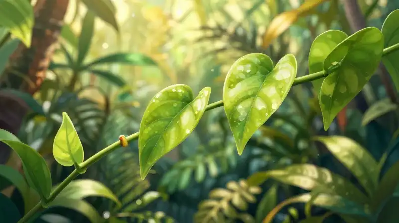 Glossy green arrowhead vine leaves bathed in soft golden hour sunlight