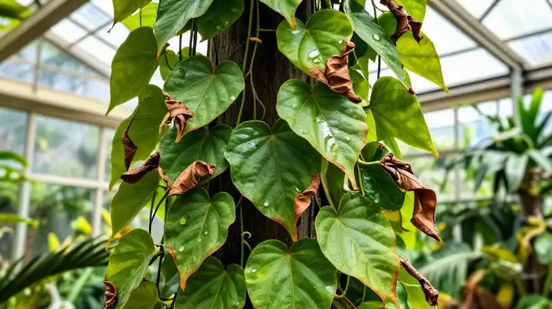 Vibrant vines grow under bright sun among wilting brown leaves