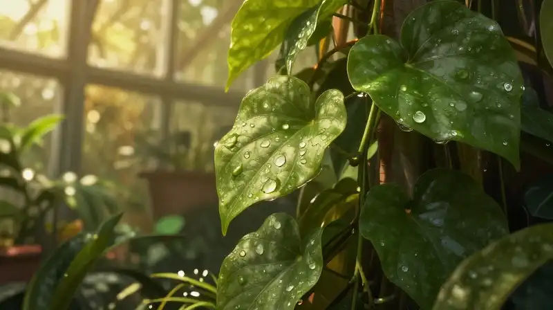 Lush green arrowhead vines glow under soft, golden, humid light