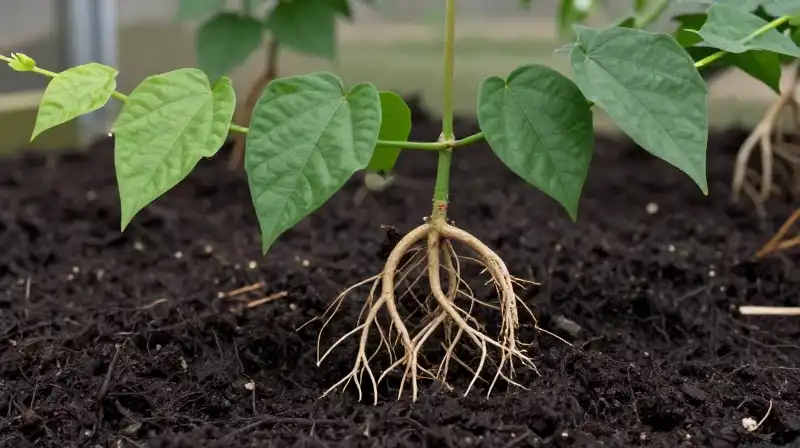 Lush green vine leaves and intricate roots thrive in rich dark soil