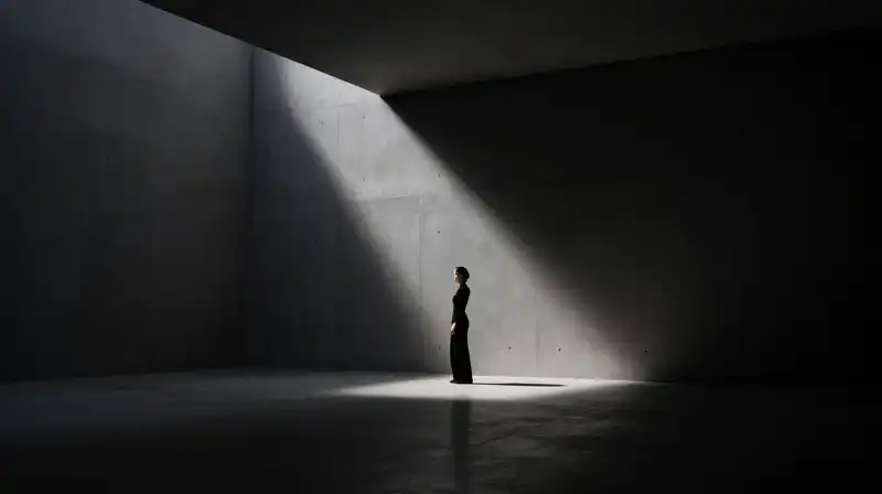 A solitary, elegant figure stands dramatically illuminated in a stark, brutalist room