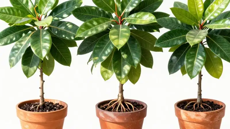 Lush ficus plants in pots show roots under vibrant dappled sunlight