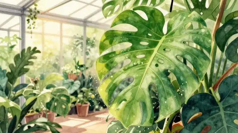 Glowing monstera leaves bathed in soft golden greenhouse light