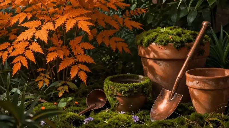 Moody cinematic light illuminates lush orange foliage and antique copper