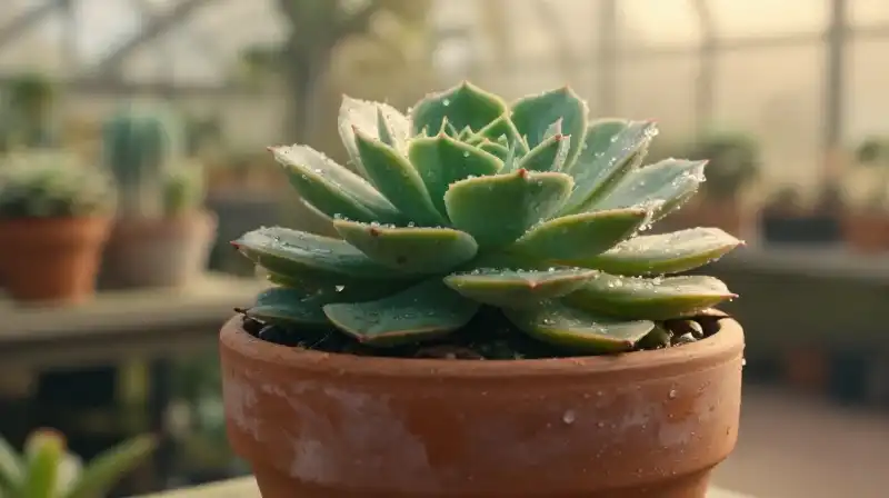 A robust succulent sits in a terracotta pot under misty golden light