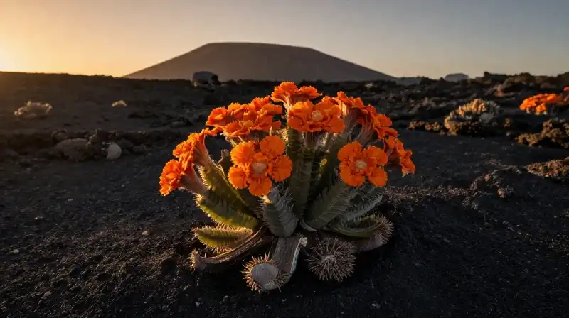 A vibrant orange bloom stands starkly against the dramatic volcanic scree